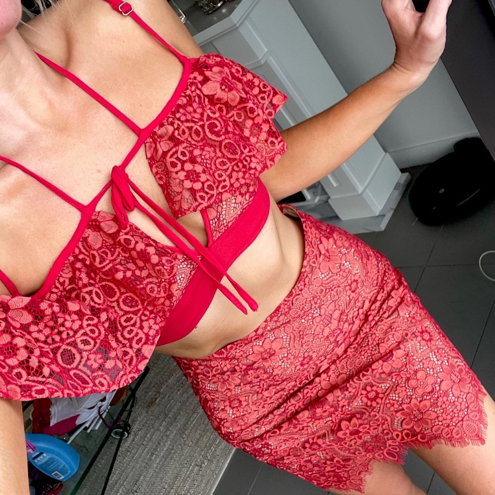 For love & lemons
Red lacey 2 piece skirt set 
Size M